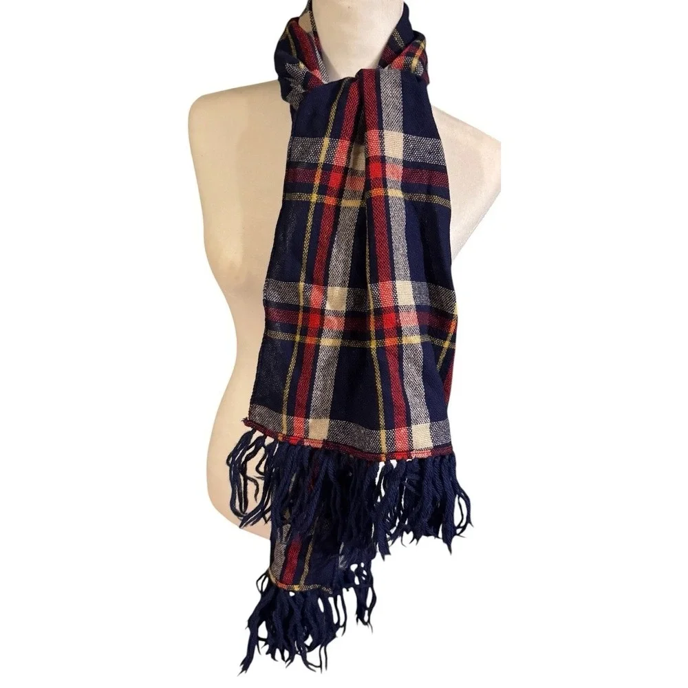 Vintage Plaid Scarf Red Blue Fringe Women